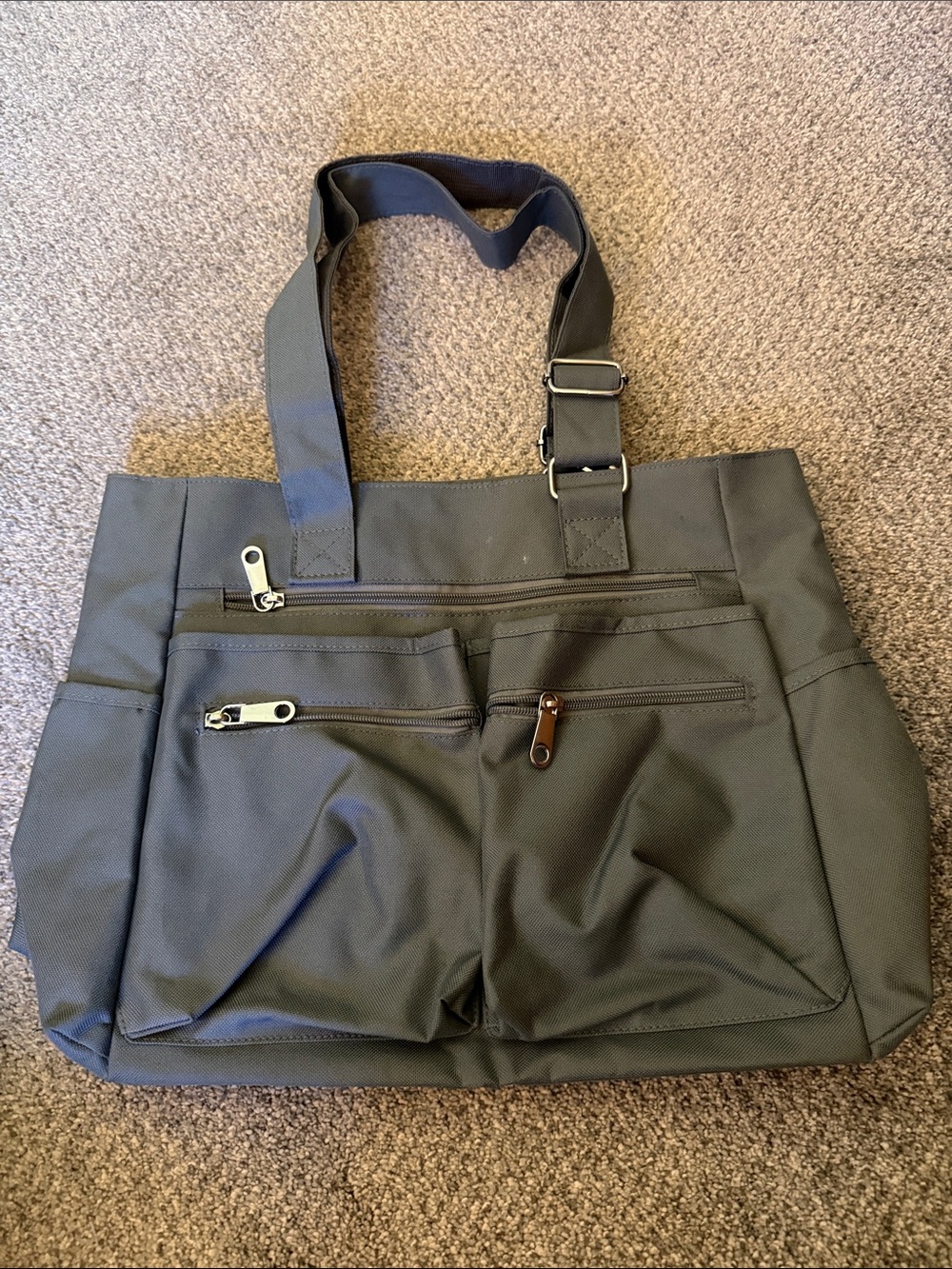 Gray Tote Bag with Multiple Exterior Pockets